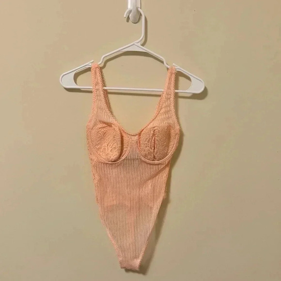 V. Secret  DREAM ANGELS floral lace & stripe teddy BODYSUIT mesh sheer Size 32C - Picture 5 of 11